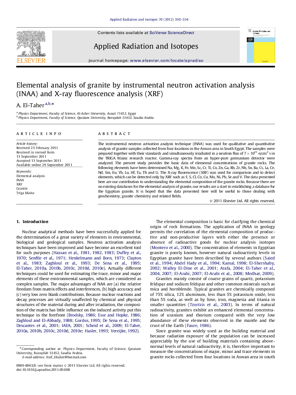 Elemental analysis of granite by instrumental neutron activation analysis (INAA) and X-ray fluorescence analysis (XRF)