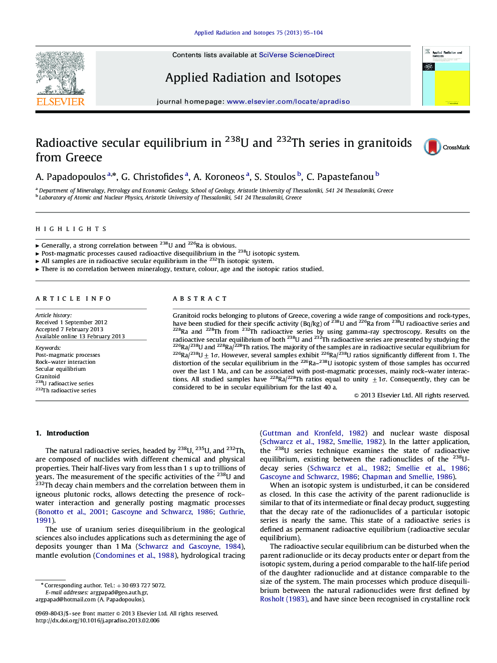 Radioactive secular equilibrium in 238U and 232Th series in granitoids from Greece