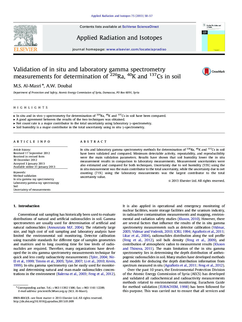 Validation of in situ and laboratory gamma spectrometry measurements for determination of 226Ra, 40K and 137Cs in soil