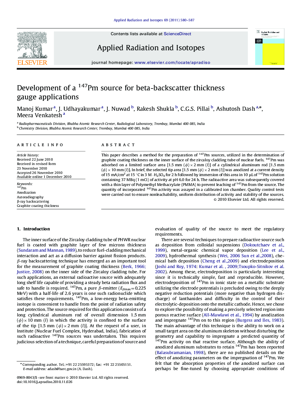 Development of a 147Pm source for beta-backscatter thickness gauge applications