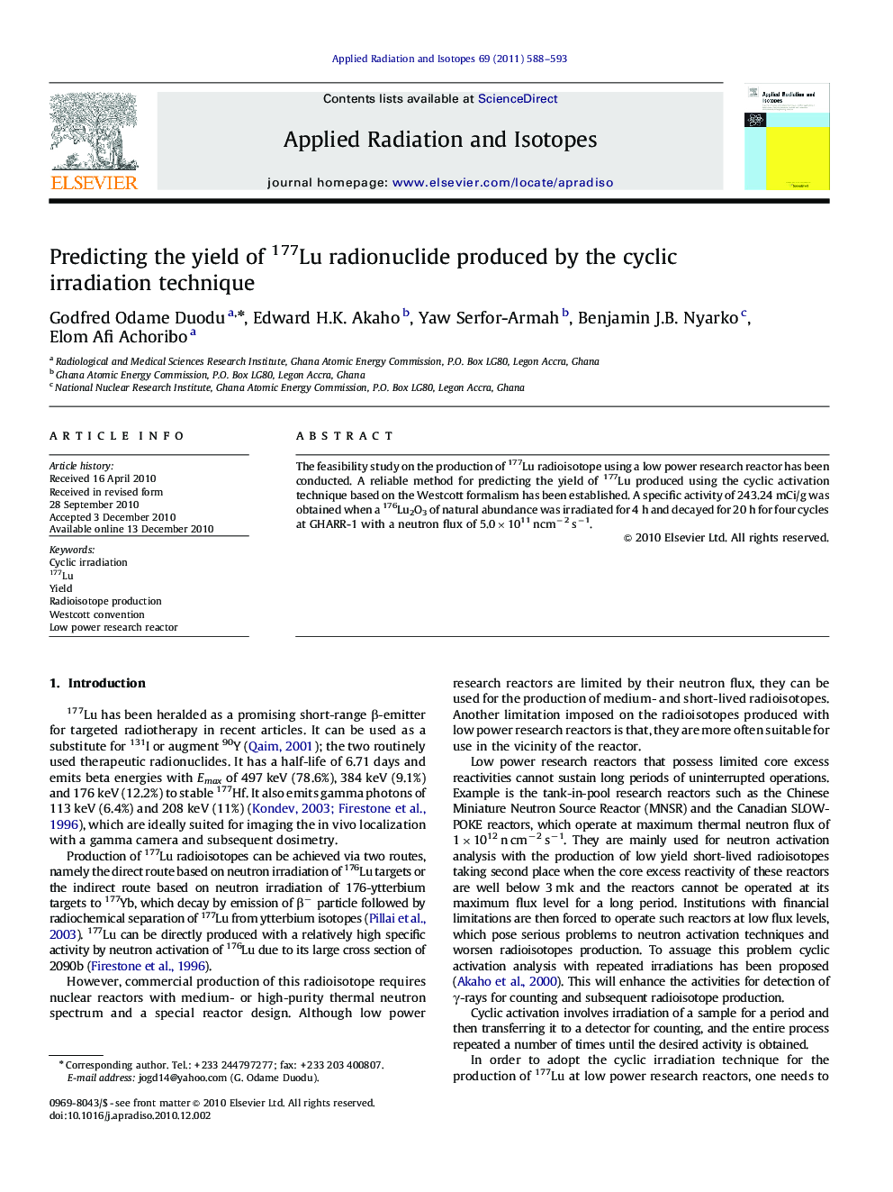 Predicting the yield of 177Lu radionuclide produced by the cyclic irradiation technique