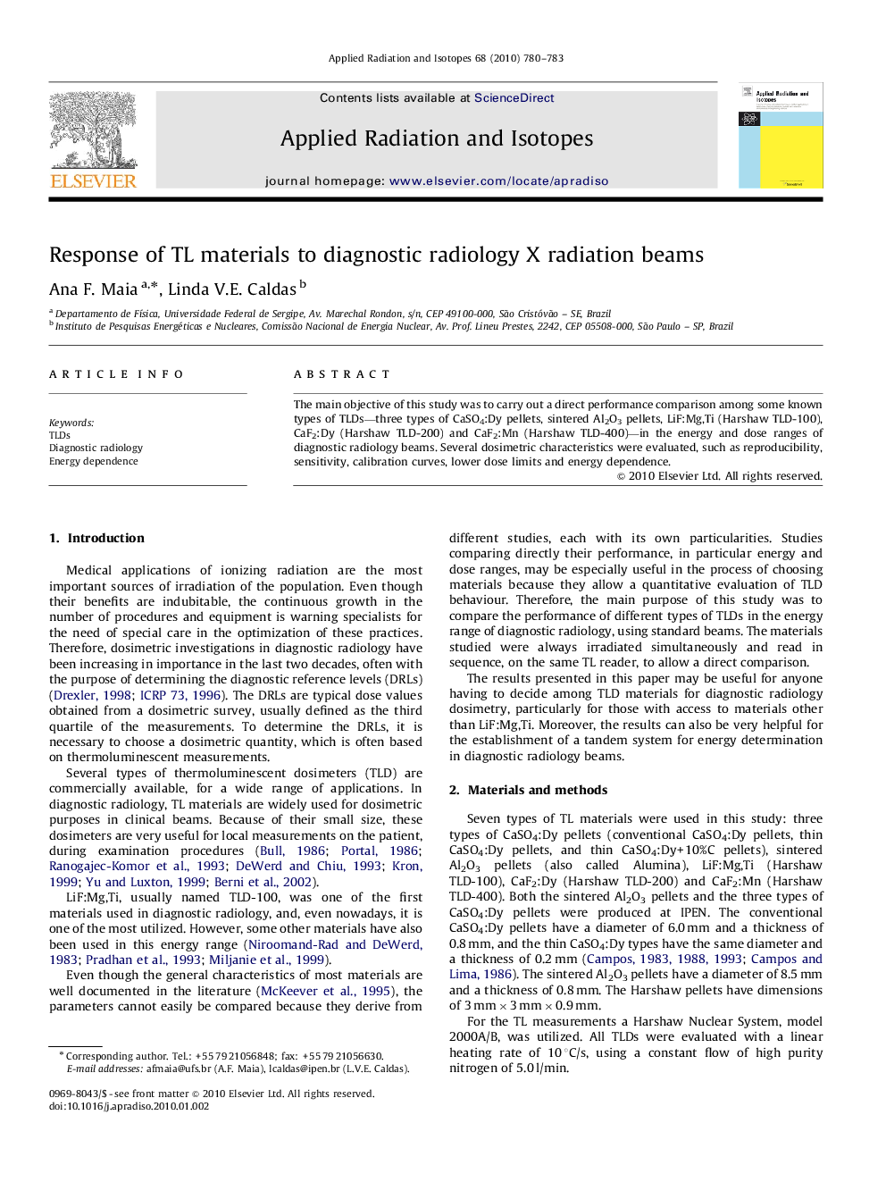 Response of TL materials to diagnostic radiology X radiation beams