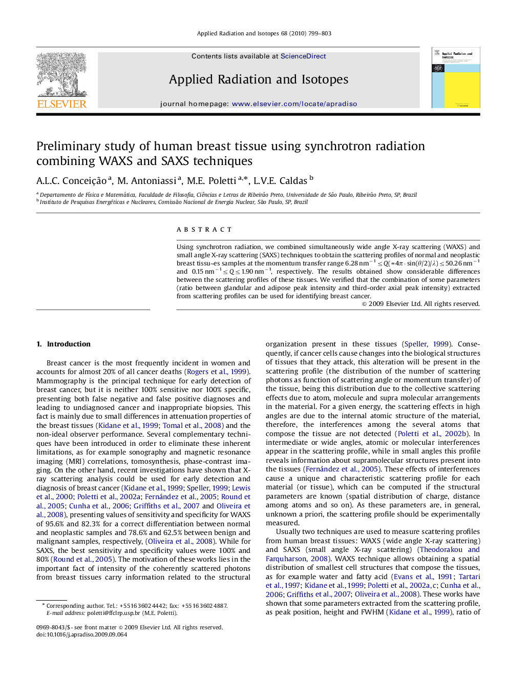 عکس صفحه اول مقاله: Preliminary study of human breast tissue using synchrotron radiation combining WAXS and SAXS techniques Preliminary study of human breast tissue using synchrotron radiation combining WAXS and SAXS techniques