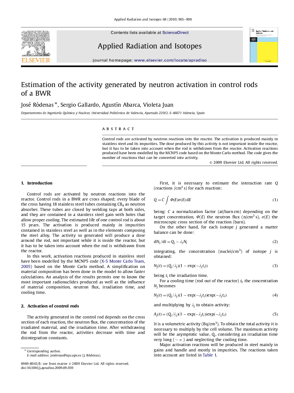 Estimation of the activity generated by neutron activation in control rods of a BWR
