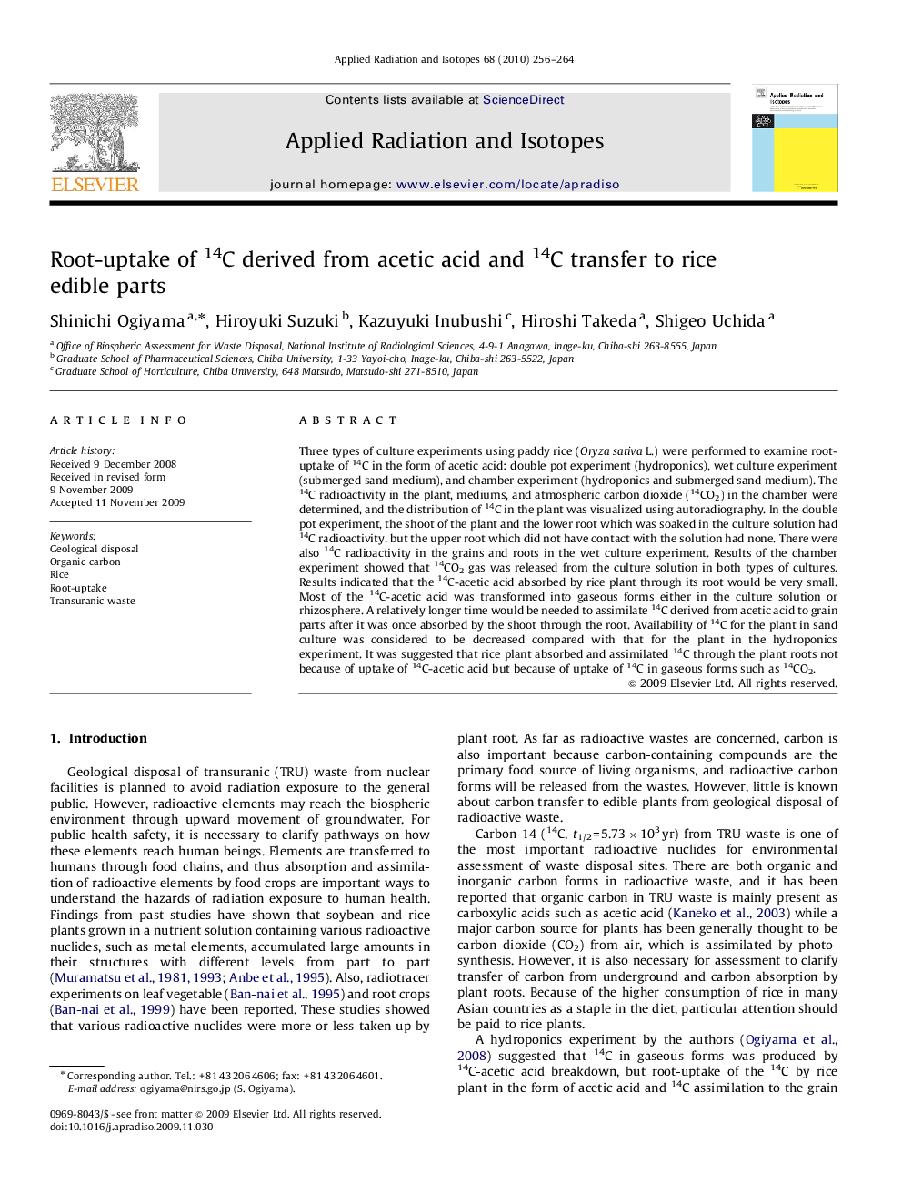 Root-uptake of 14C derived from acetic acid and 14C transfer to rice edible parts