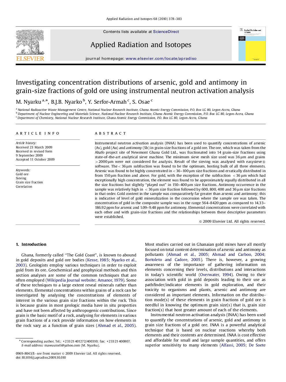 Investigating concentration distributions of arsenic, gold and antimony in grain-size fractions of gold ore using instrumental neutron activation analysis