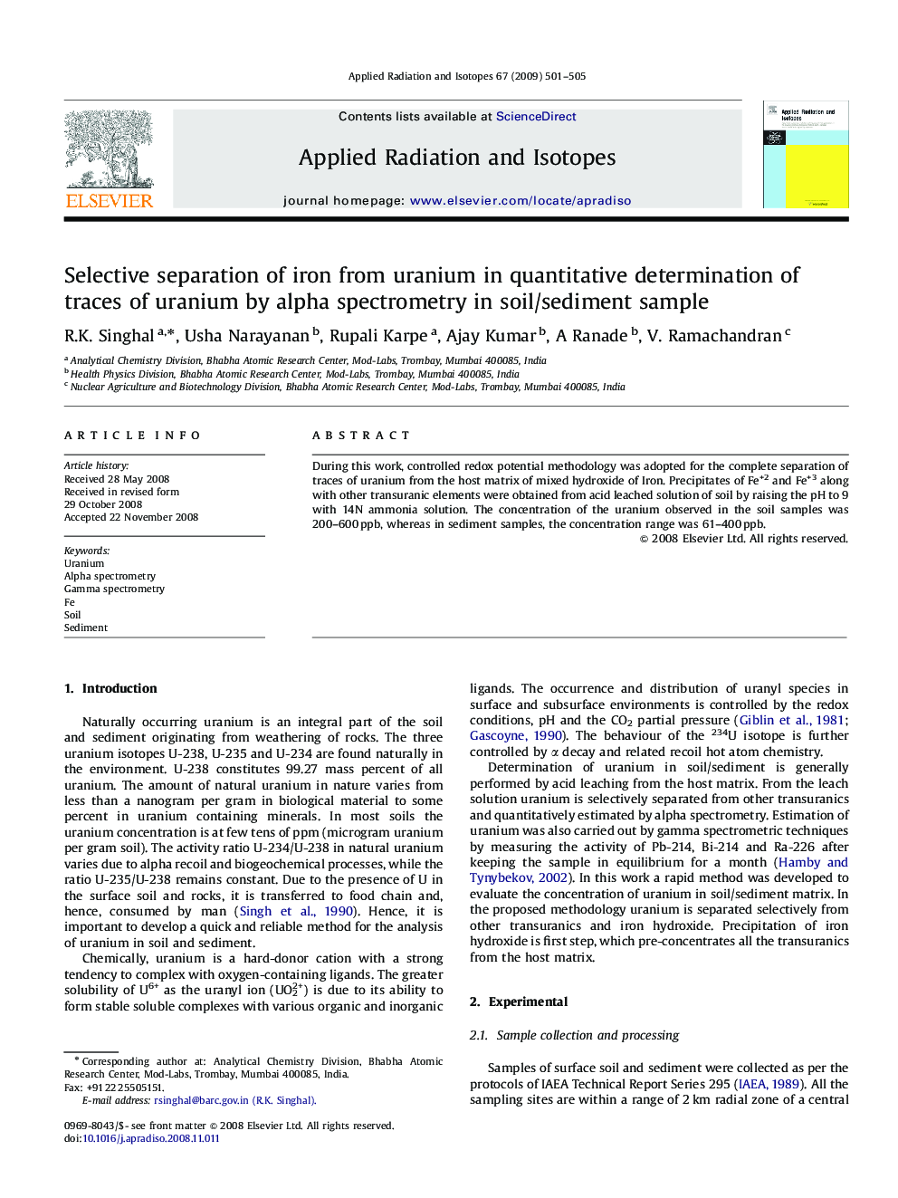 Selective separation of iron from uranium in quantitative determination of traces of uranium by alpha spectrometry in soil/sediment sample