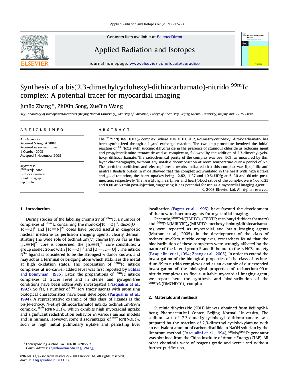 Synthesis of a bis(2,3-dimethylcyclohexyl-dithiocarbamato)-nitrido 99mTc complex: A potential tracer for myocardial imaging