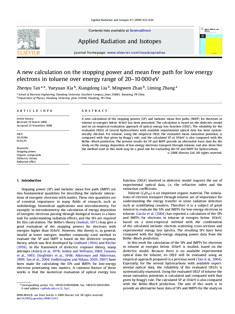 A new calculation on the stopping power and mean free path for low energy electrons in toluene over energy range of 20–10 000 eV