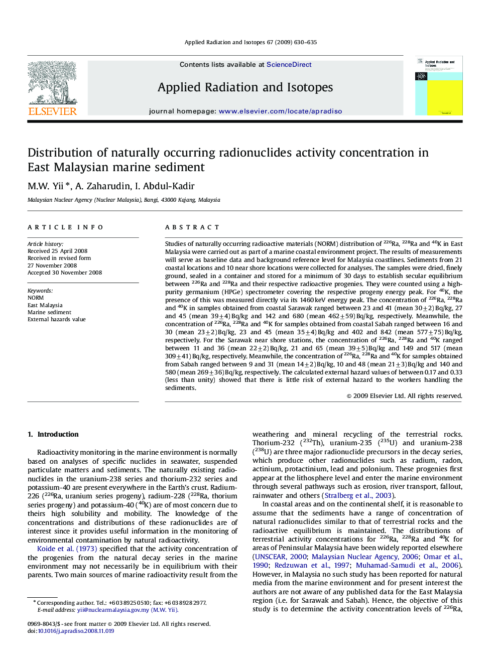 Distribution of naturally occurring radionuclides activity concentration in East Malaysian marine sediment