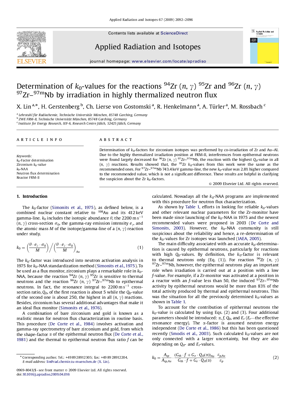 Determination of k0-values for the reactions 94Zr (n, γ) 95Zr and 96Zr (n, γ) 97Zr–97mNb by irradiation in highly thermalized neutron flux