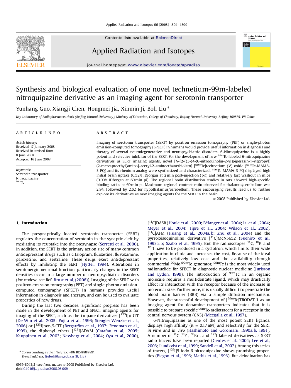 Synthesis and biological evaluation of one novel technetium-99m-labeled nitroquipazine derivative as an imaging agent for serotonin transporter