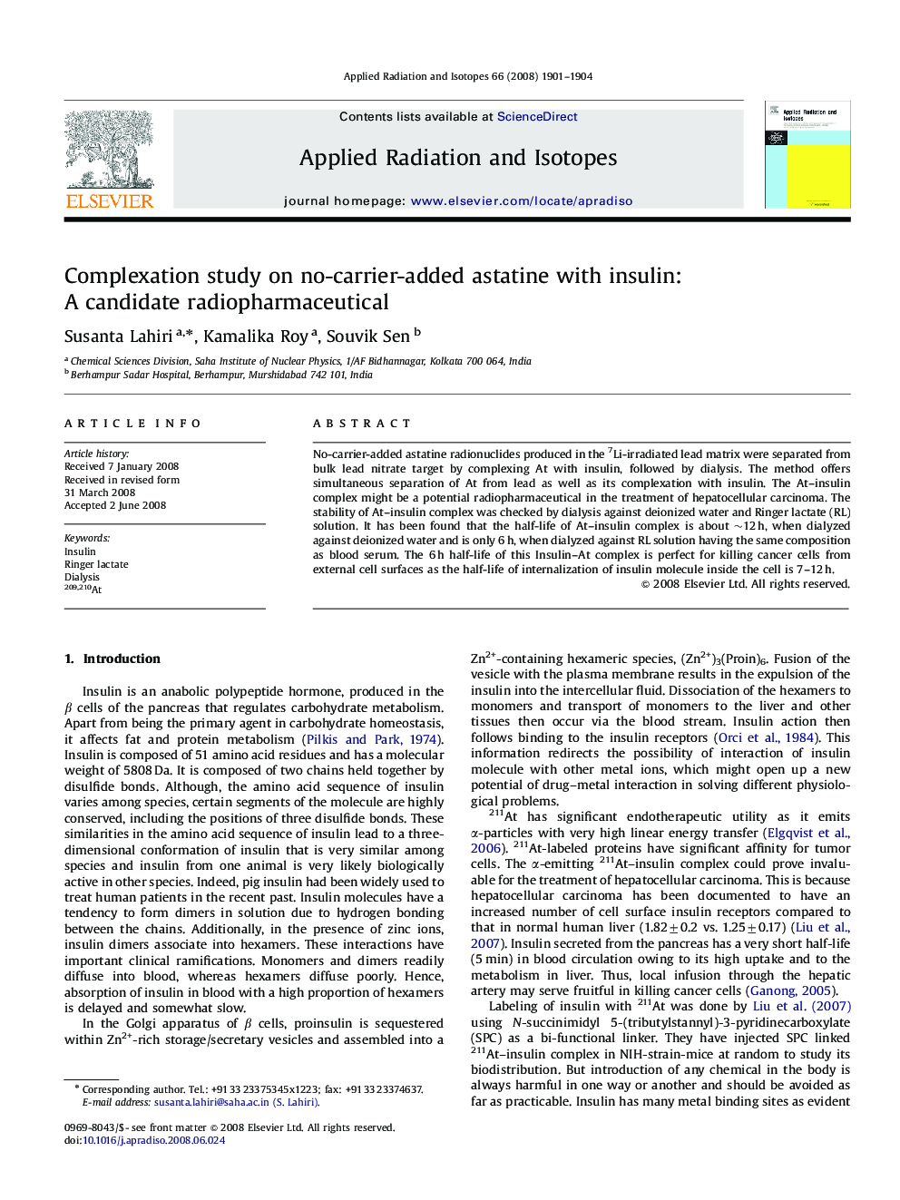 Complexation study on no-carrier-added astatine with insulin: A candidate radiopharmaceutical