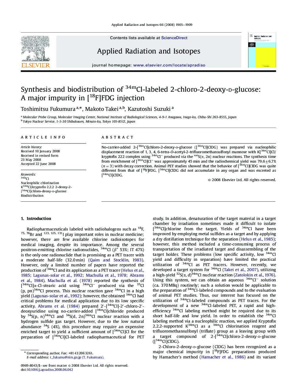 Synthesis and biodistribution of 34mCl-labeled 2-chloro-2-deoxy-d-glucose: A major impurity in [18F]FDG injection