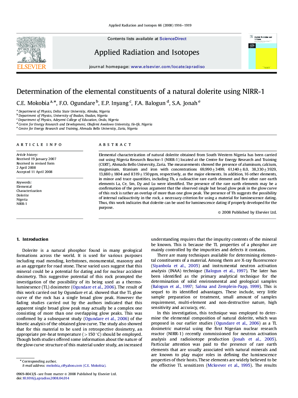 Determination of the elemental constituents of a natural dolerite using NIRR-1