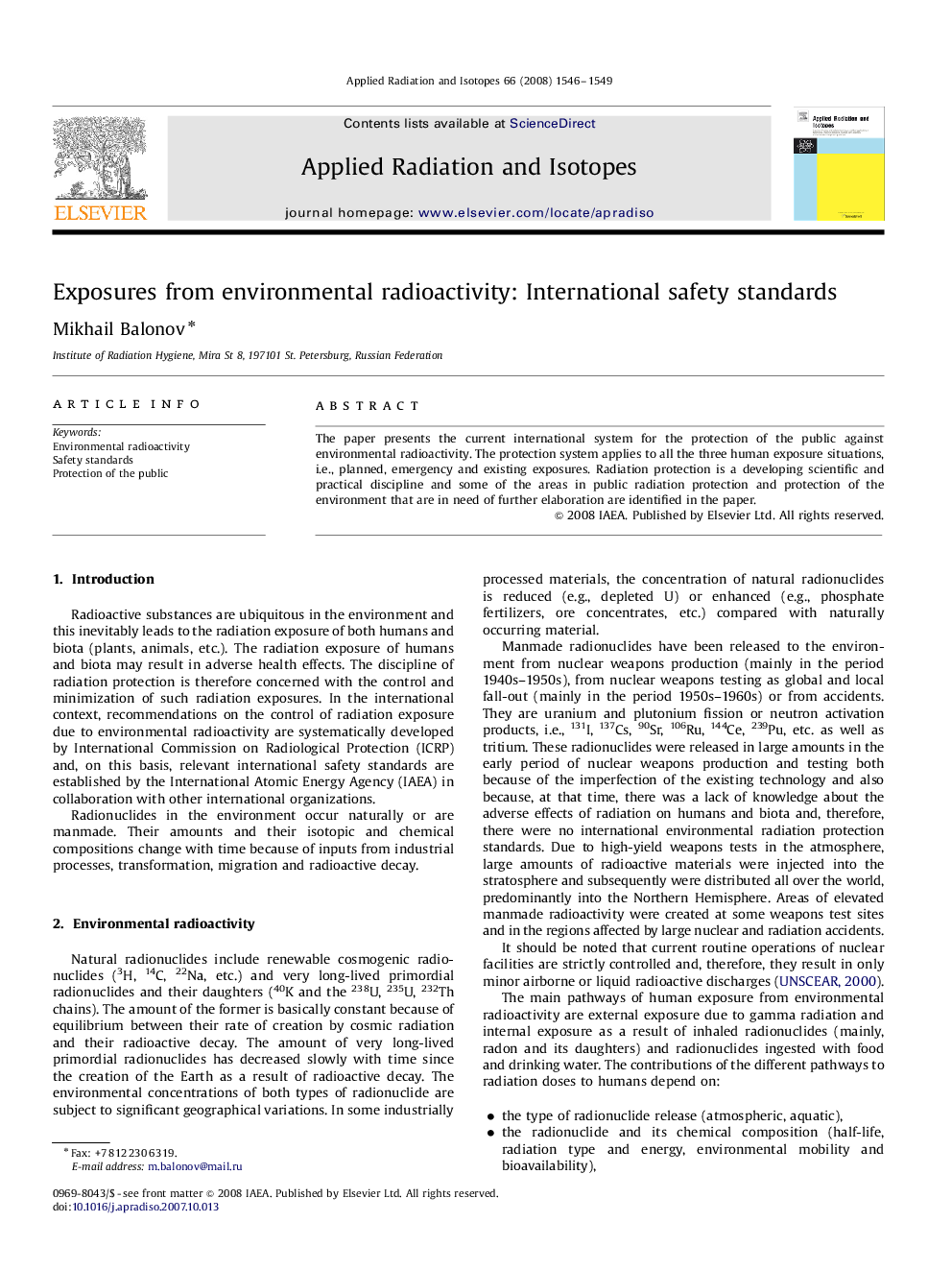 Exposures from environmental radioactivity: International safety standards