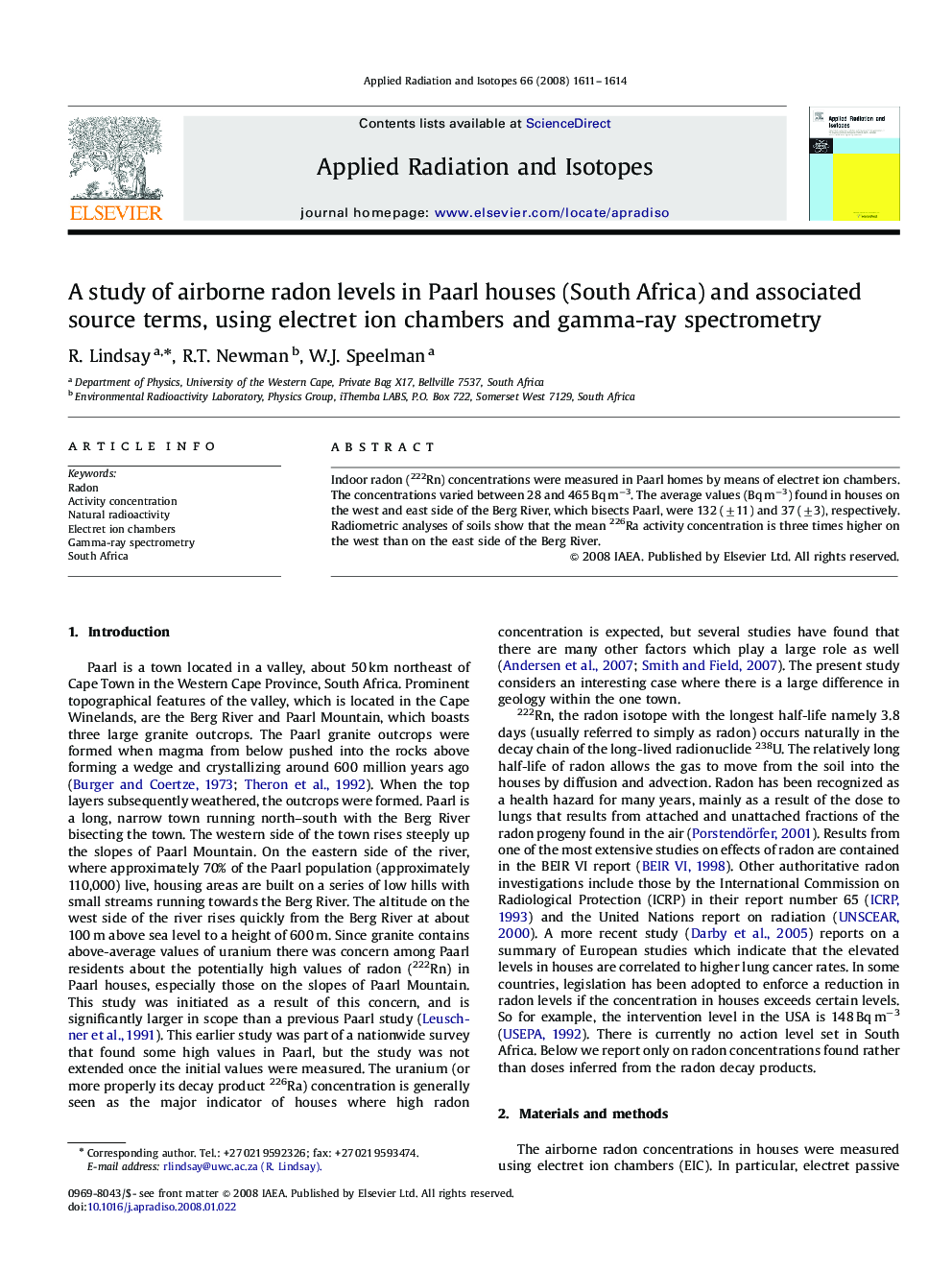 A study of airborne radon levels in Paarl houses (South Africa) and associated source terms, using electret ion chambers and gamma-ray spectrometry