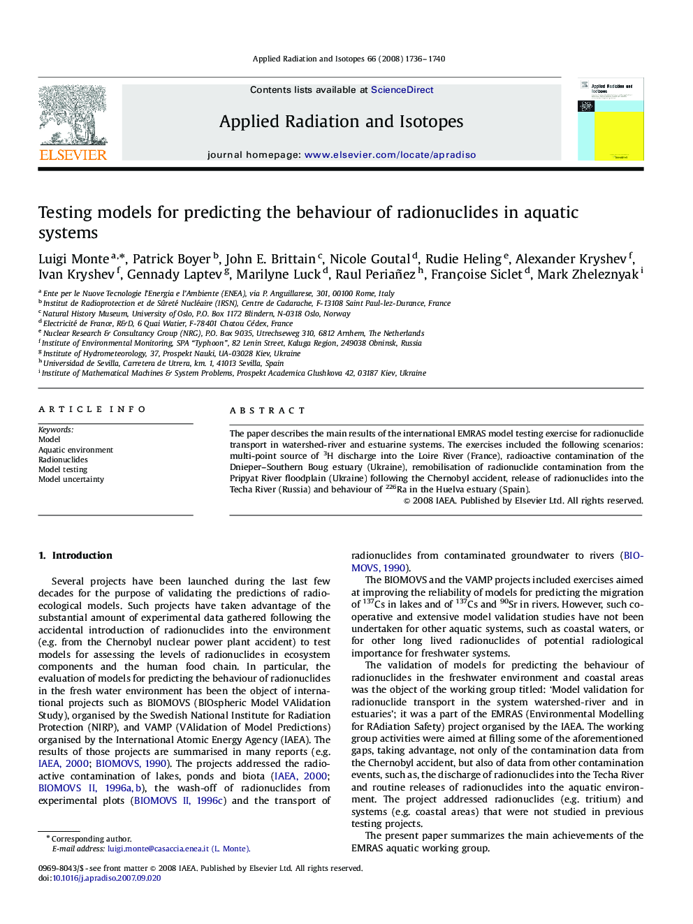 Testing models for predicting the behaviour of radionuclides in aquatic systems