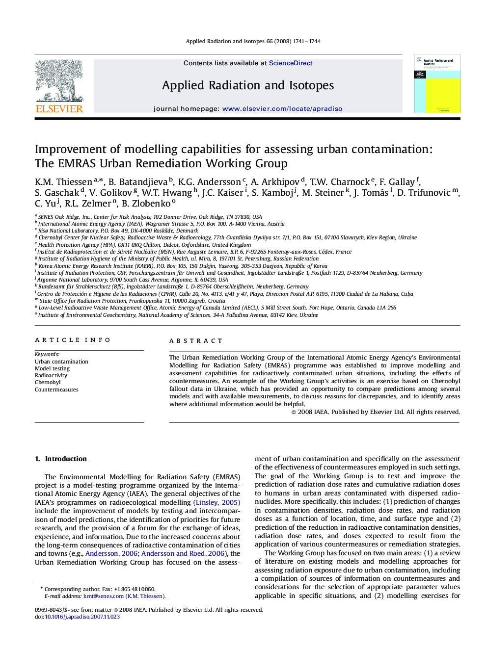 Improvement of modelling capabilities for assessing urban contamination: The EMRAS Urban Remediation Working Group