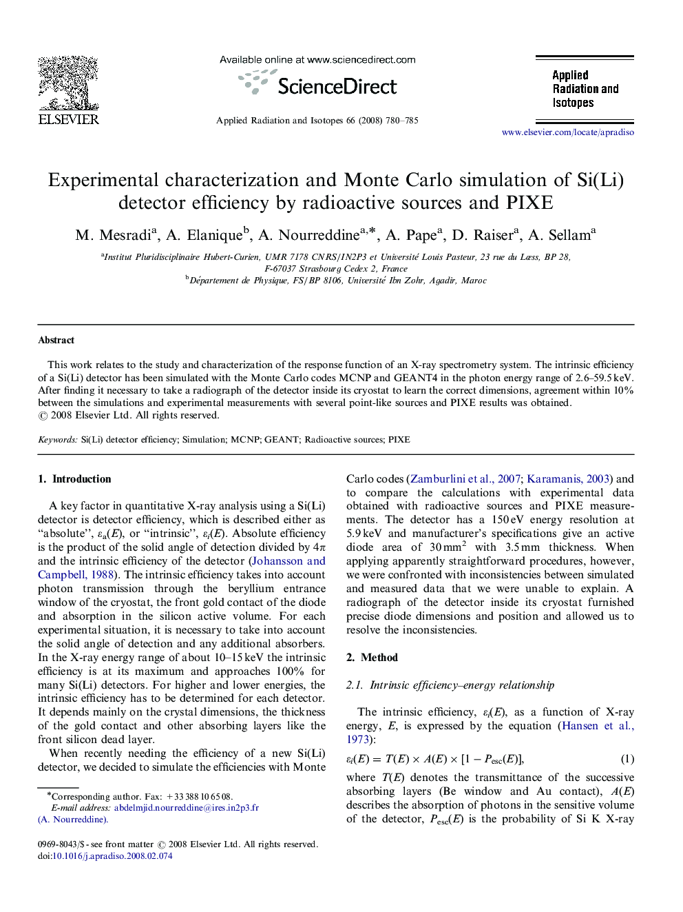 Experimental characterization and Monte Carlo simulation of Si(Li) detector efficiency by radioactive sources and PIXE
