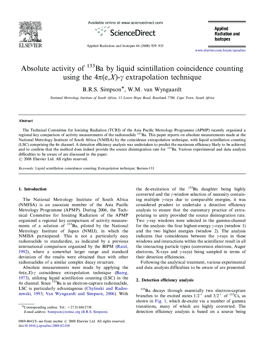 Absolute activity of 133Ba by liquid scintillation coincidence counting using the 4π(e,X)-γ extrapolation technique