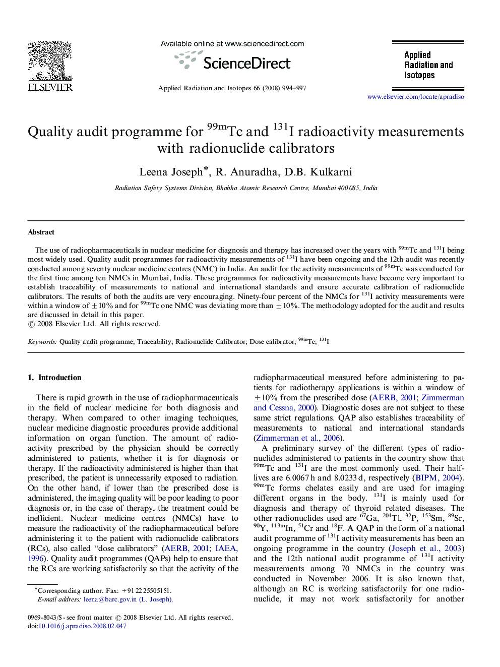 Quality audit programme for 99mTc and 131I radioactivity measurements with radionuclide calibrators