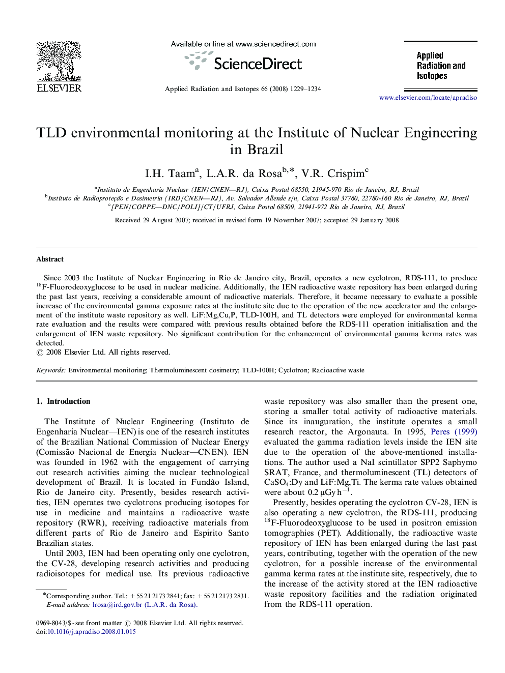 TLD environmental monitoring at the Institute of Nuclear Engineering in Brazil