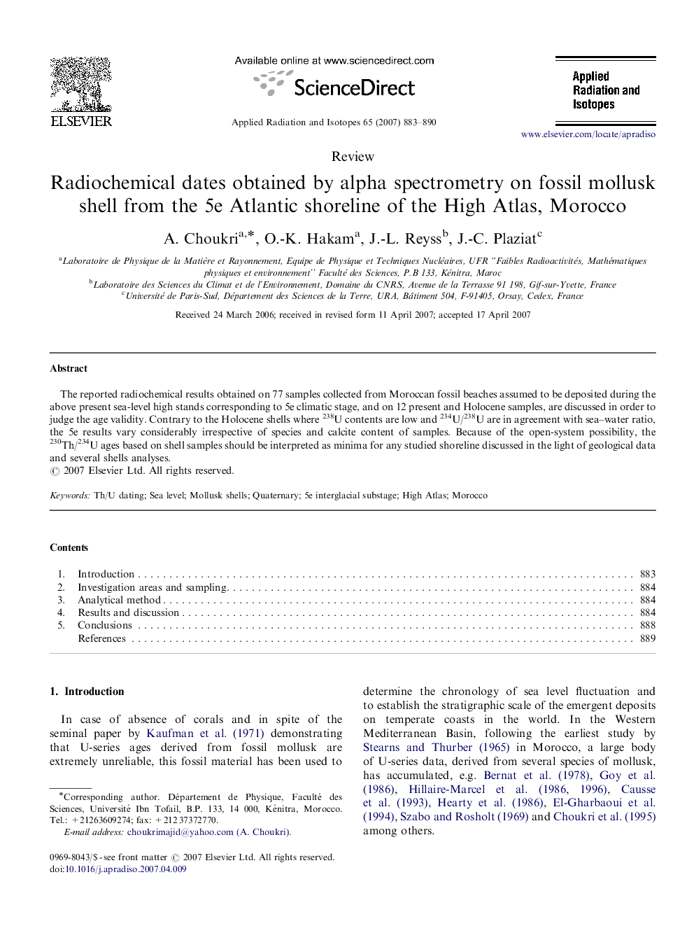 Radiochemical dates obtained by alpha spectrometry on fossil mollusk shell from the 5e Atlantic shoreline of the High Atlas, Morocco