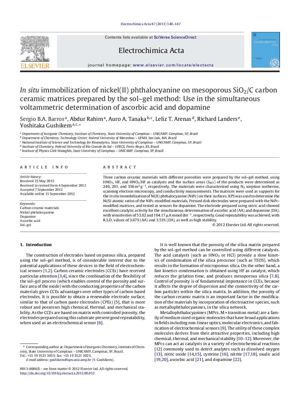 In situ immobilization of nickel(II) phthalocyanine on mesoporous SiO2/C carbon ceramic matrices prepared by the sol–gel method: Use in the simultaneous voltammetric determination of ascorbic acid and dopamine