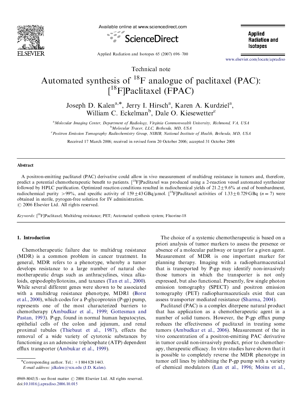 Automated synthesis of 18F analogue of paclitaxel (PAC): [18F]Paclitaxel (FPAC)