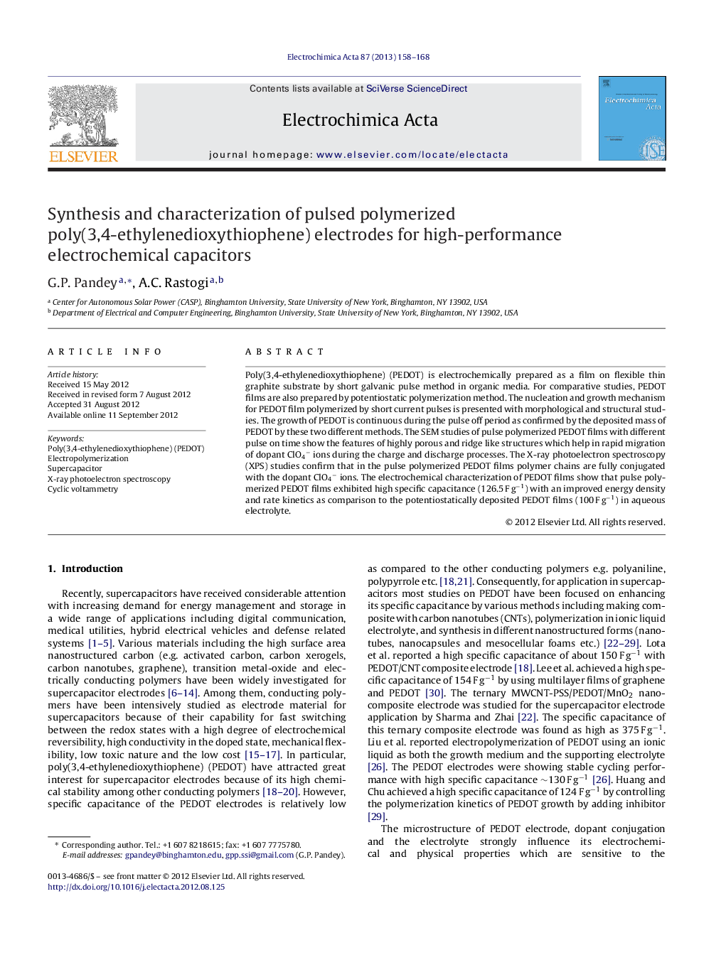 Synthesis and characterization of pulsed polymerized poly(3,4-ethylenedioxythiophene) electrodes for high-performance electrochemical capacitors