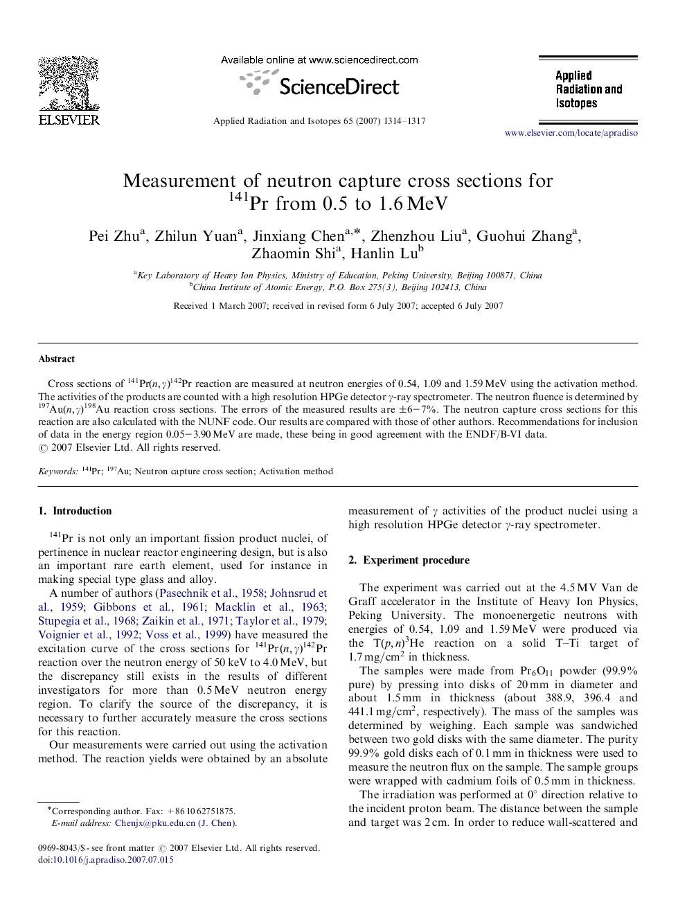 Measurement of neutron capture cross sections for 141Pr from 0.5 to 1.6 MeV