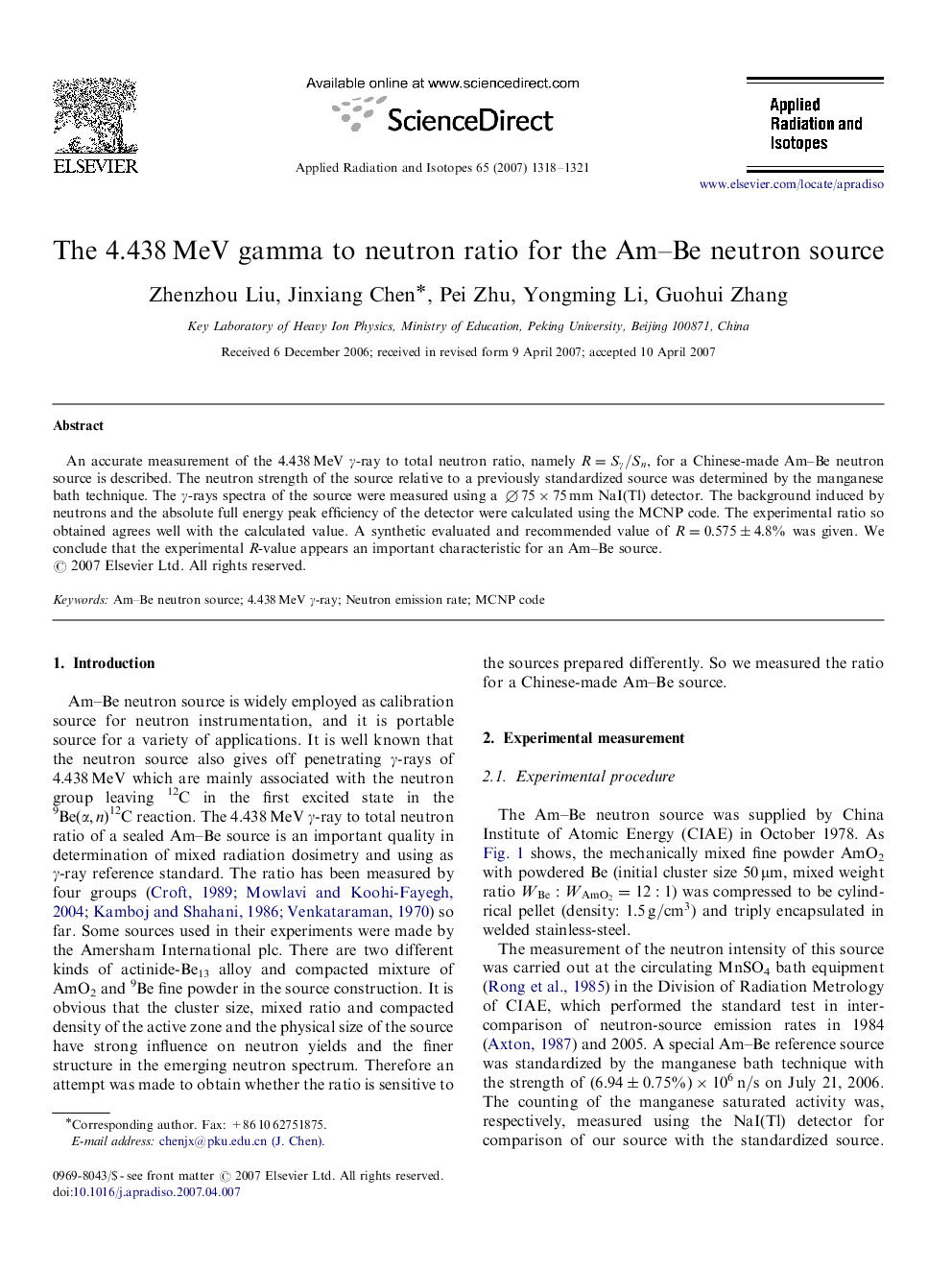 The 4.438 MeV gamma to neutron ratio for the Am–Be neutron source