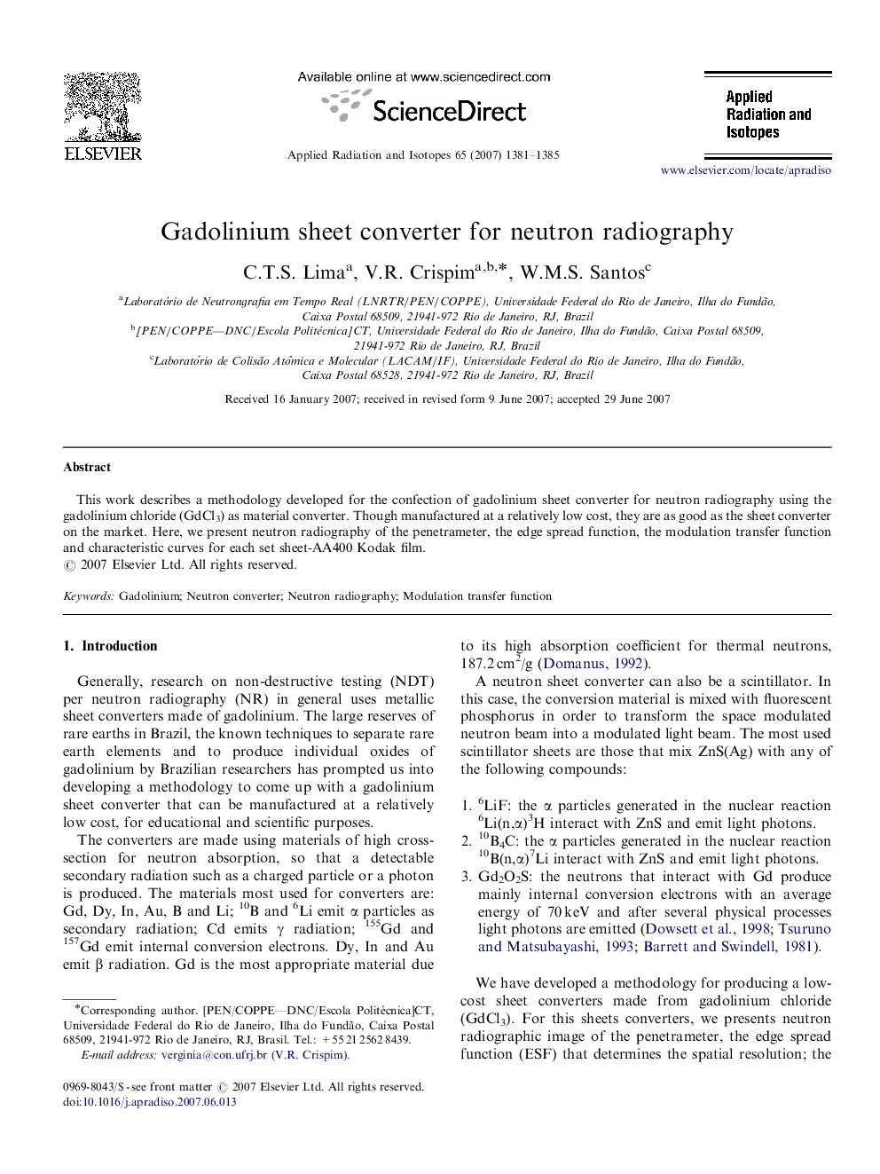 Gadolinium sheet converter for neutron radiography