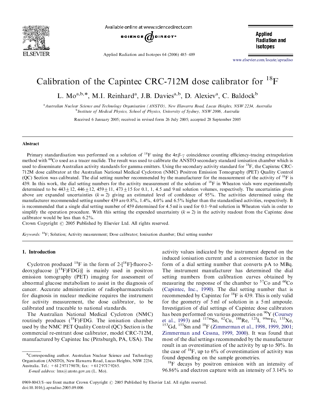 Calibration of the Capintec CRC-712M dose calibrator for 18F