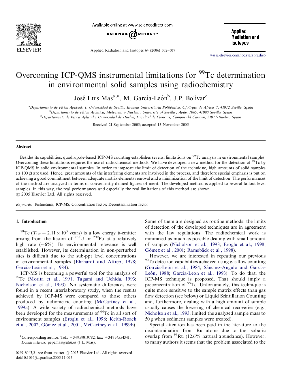 Overcoming ICP-QMS instrumental limitations for 99Tc determination in environmental solid samples using radiochemistry