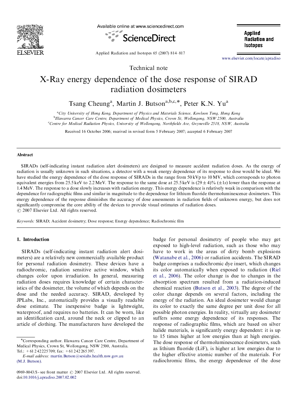 X-Ray energy dependence of the dose response of SIRAD radiation dosimeters