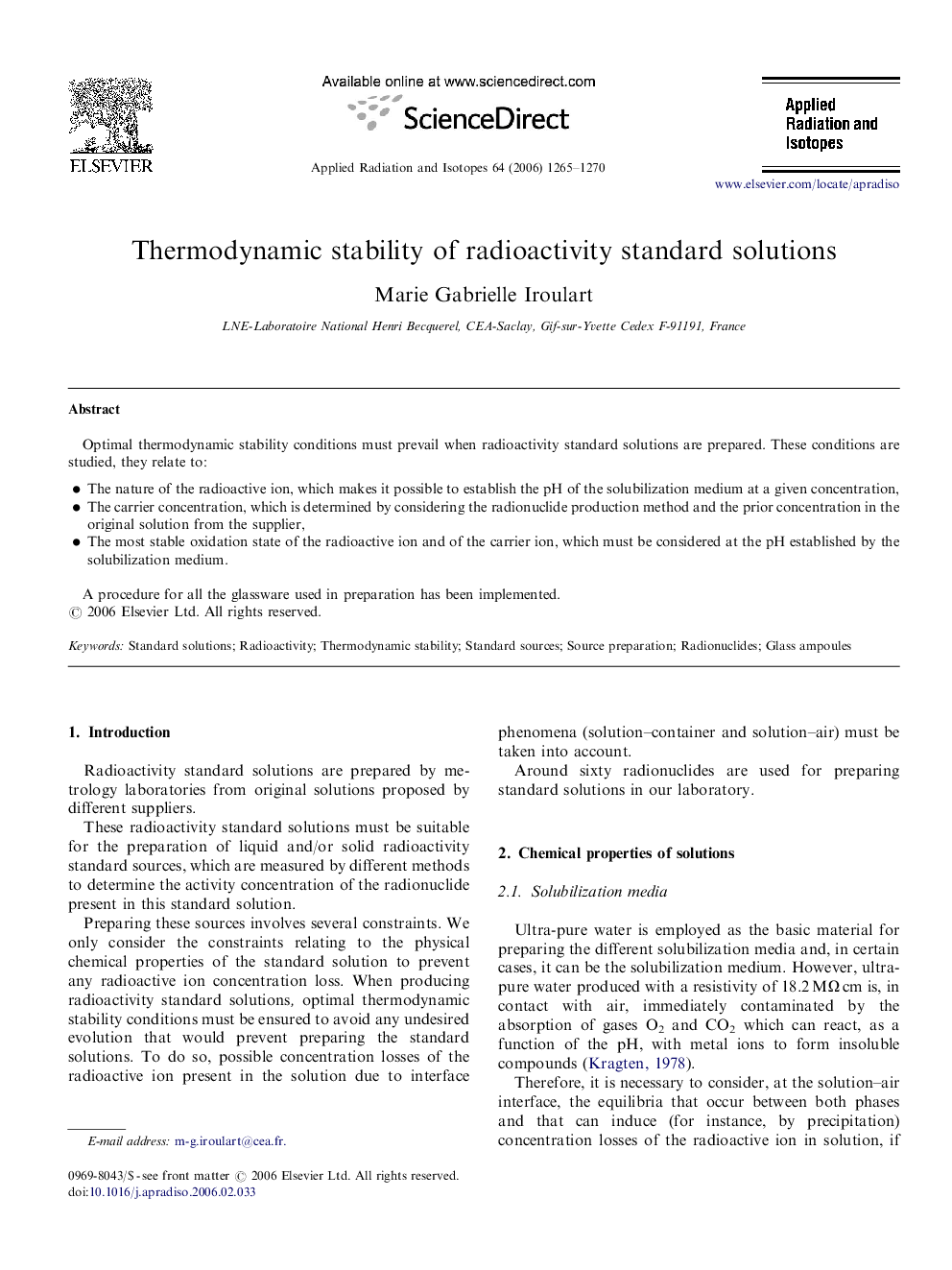 Thermodynamic stability of radioactivity standard solutions