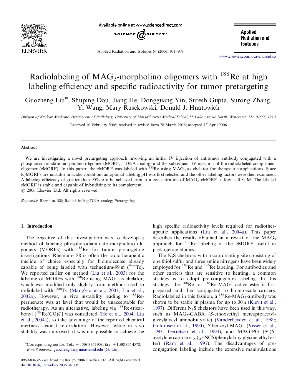 Radiolabeling of MAG3-morpholino oligomers with 188Re at high labeling efficiency and specific radioactivity for tumor pretargeting