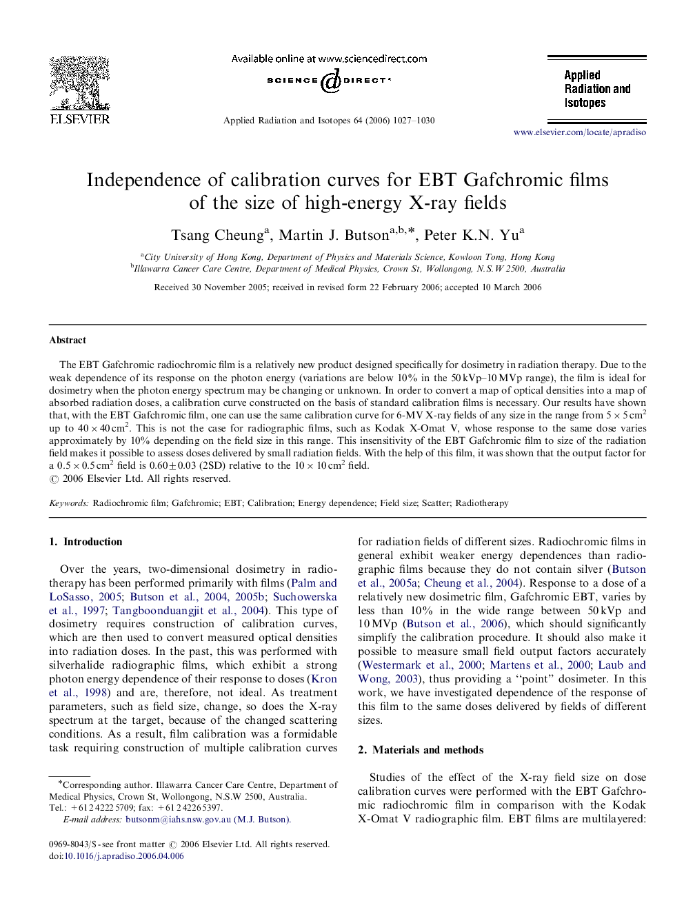 Independence of calibration curves for EBT Gafchromic films of the size of high-energy X-ray fields