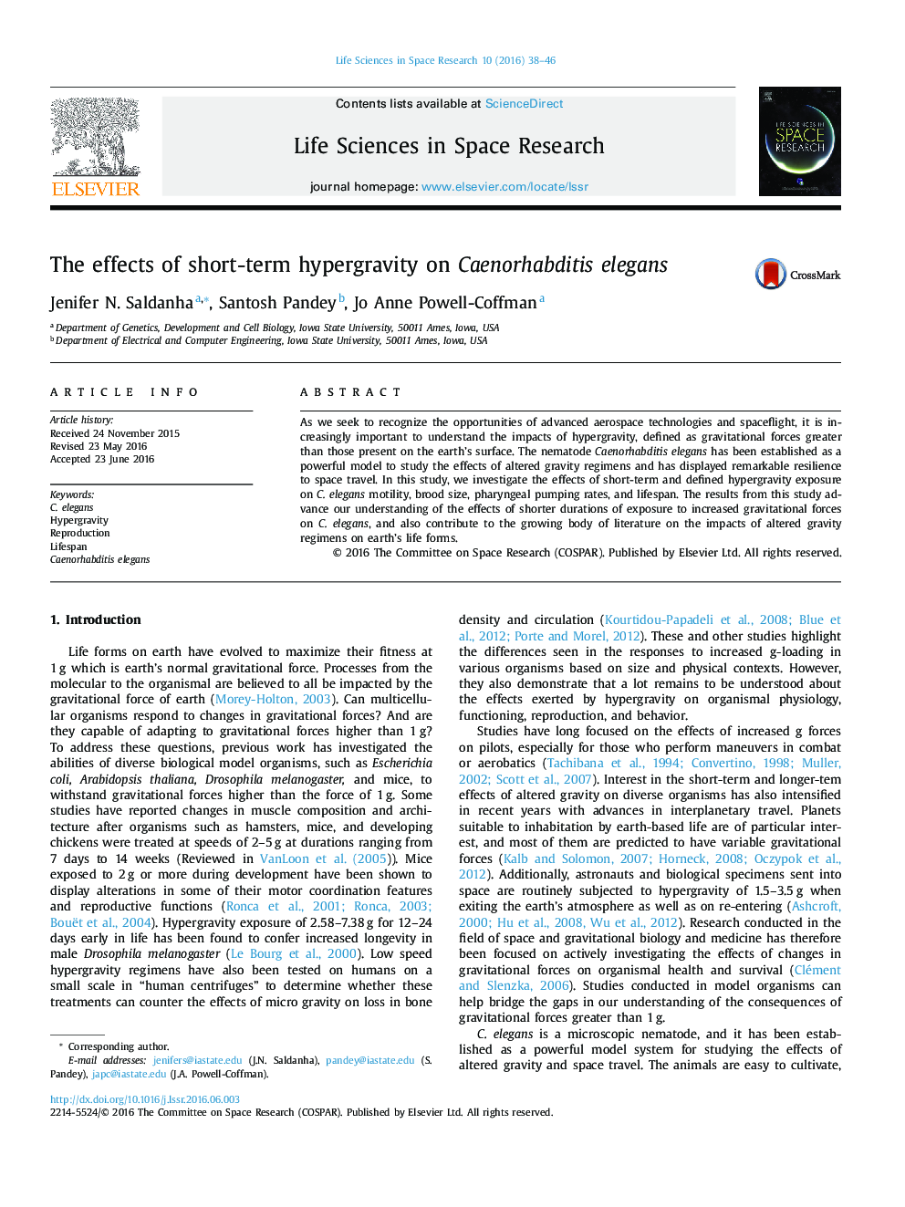 اثرات hypergravity کوتاه مدت بر روی Caenorhabditis elegans 