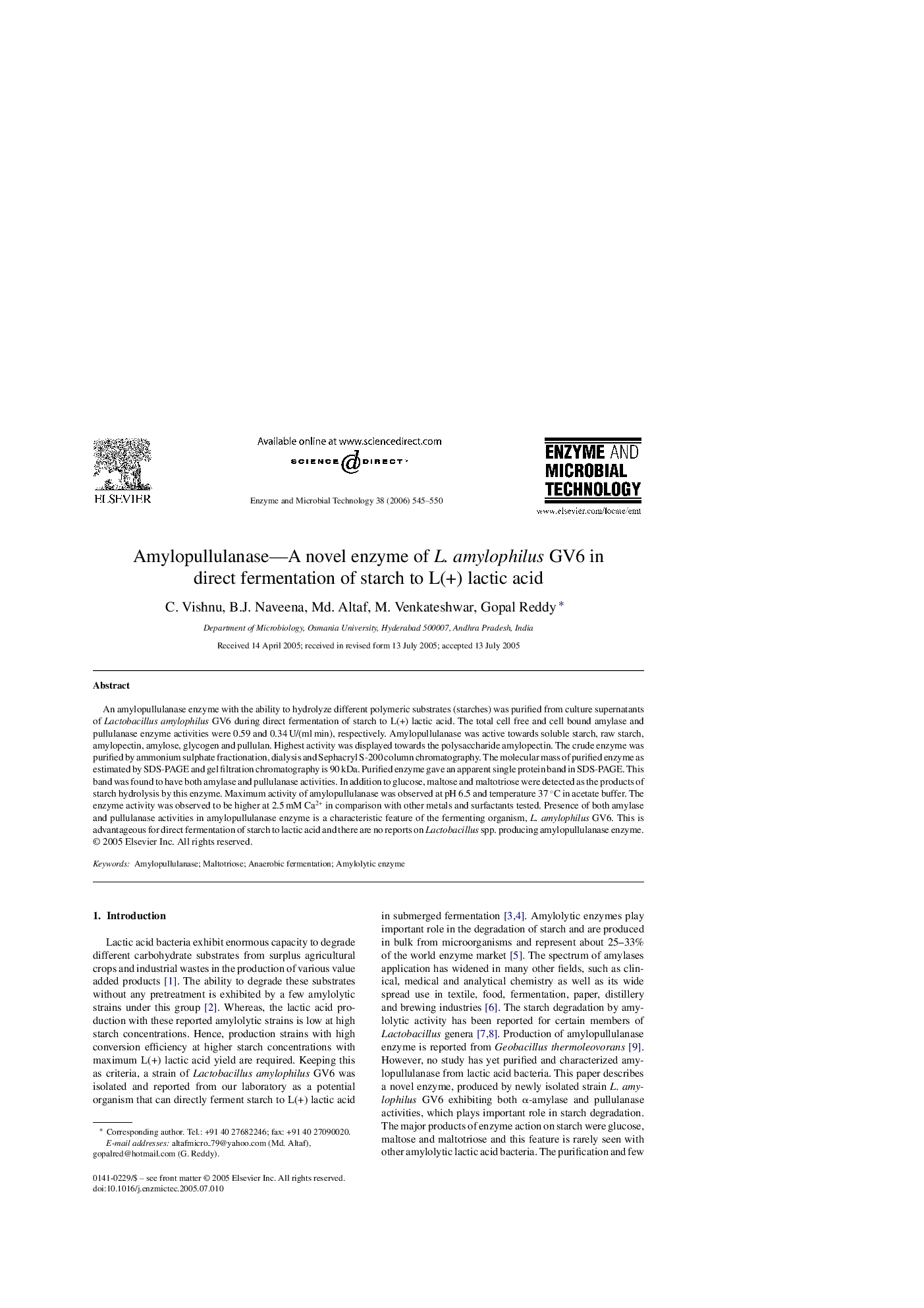 Amylopullulanase—A novel enzyme of L. amylophilus GV6 in direct fermentation of starch to L(+) lactic acid