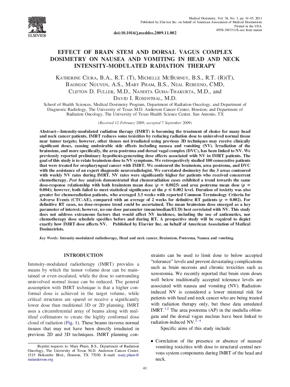 Effect of Brain Stem and Dorsal Vagus Complex Dosimetry on Nausea and Vomiting in Head and Neck Intensity-Modulated Radiation Therapy