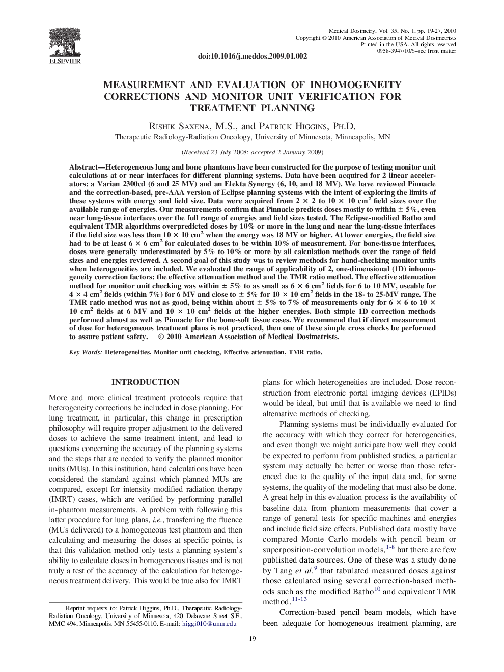 Measurement and Evaluation of Inhomogeneity Corrections and Monitor Unit Verification for Treatment Planning