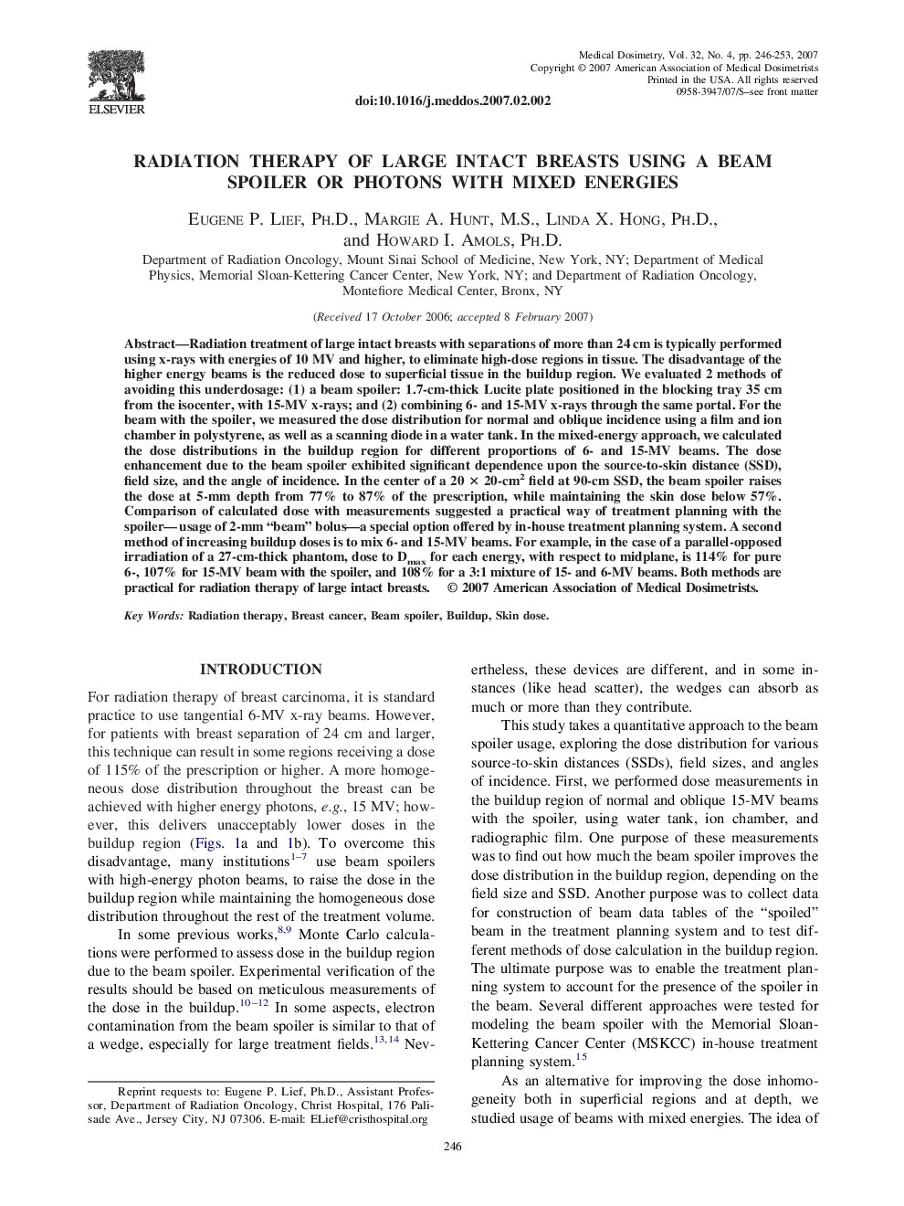 Radiation Therapy of Large Intact Breasts Using a Beam Spoiler or Photons with Mixed Energies