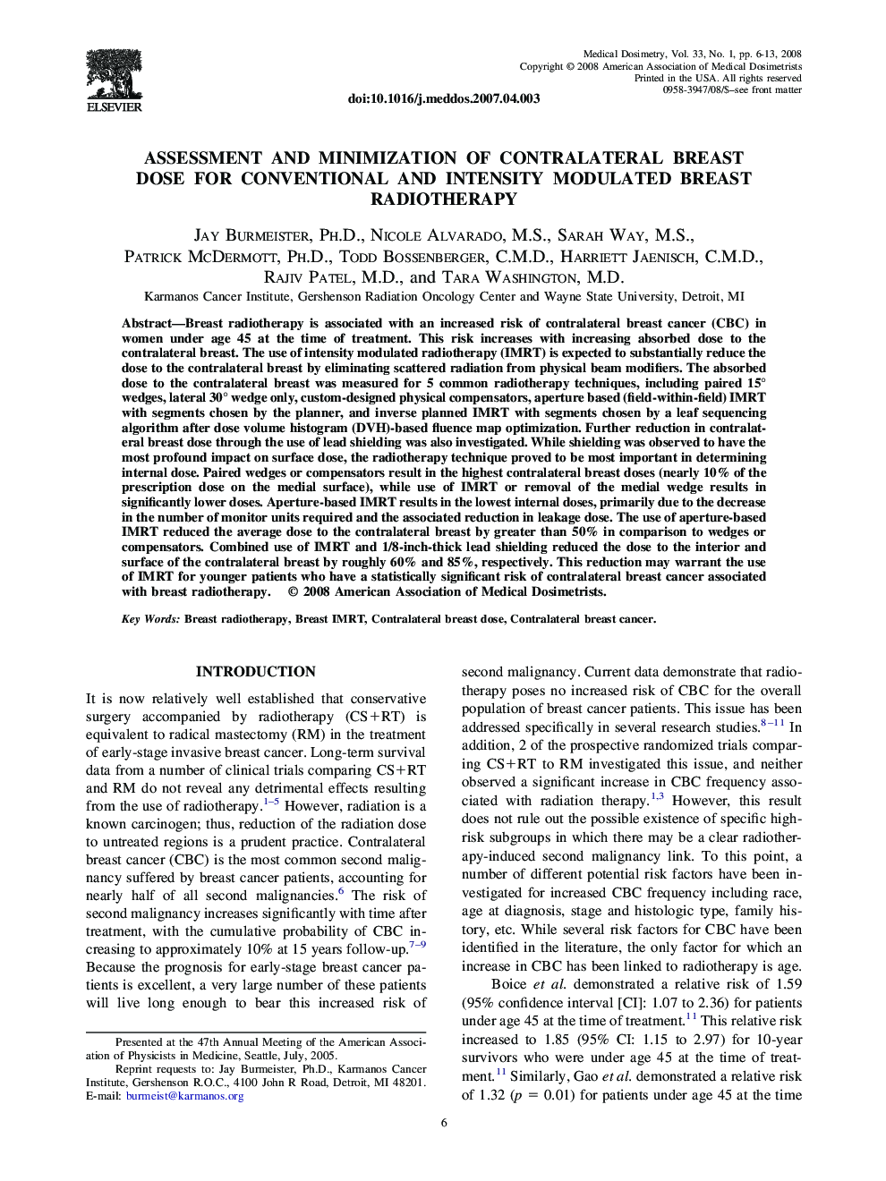 Assessment and Minimization of Contralateral Breast Dose for Conventional and Intensity Modulated Breast Radiotherapy