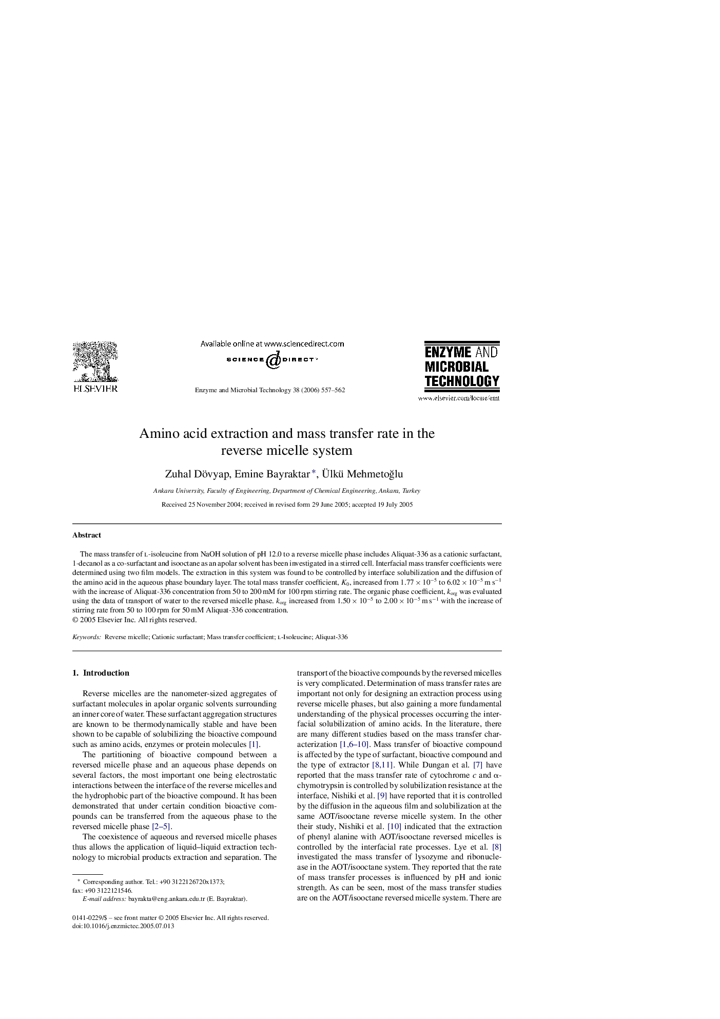 Amino acid extraction and mass transfer rate in the reverse micelle system