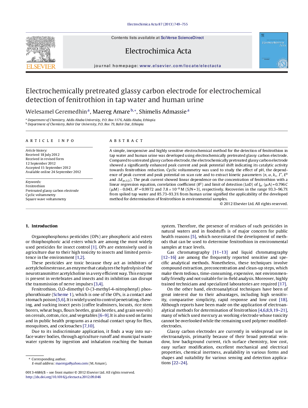 Electrochemically pretreated glassy carbon electrode for electrochemical detection of fenitrothion in tap water and human urine