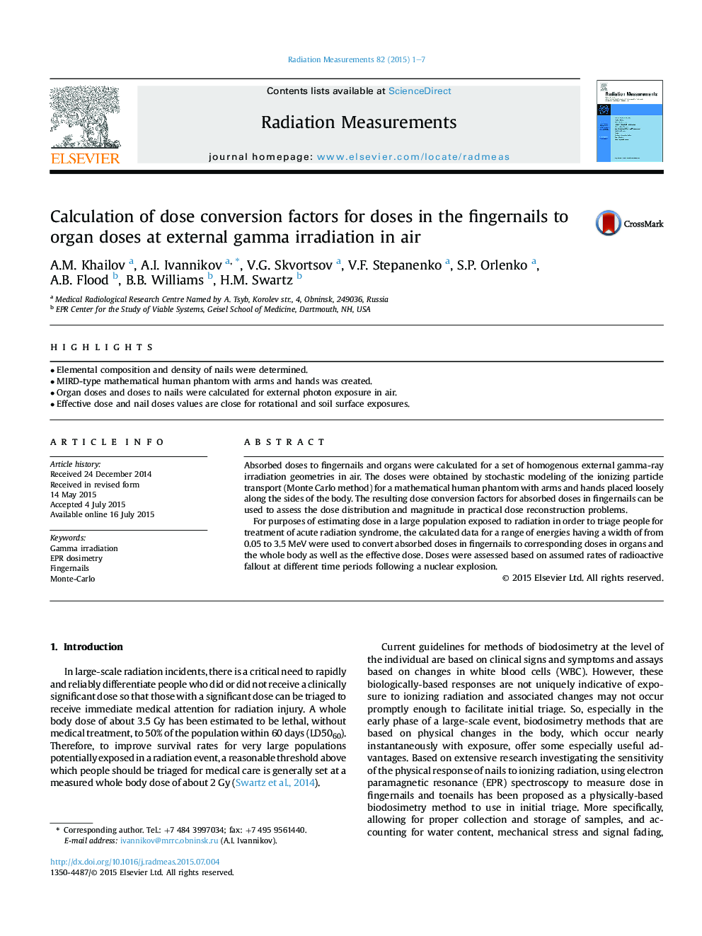 Calculation of dose conversion factors for doses in the fingernails to organ doses at external gamma irradiation in air