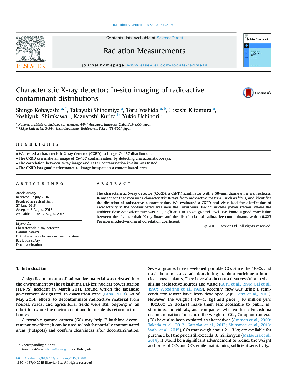 Characteristic X-ray detector: In-situ imaging of radioactive contaminant distributions